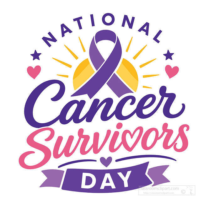 National Cancer Survivors Day lettering with a purple awareness ribbon yellow sun rays hearts stars and banner