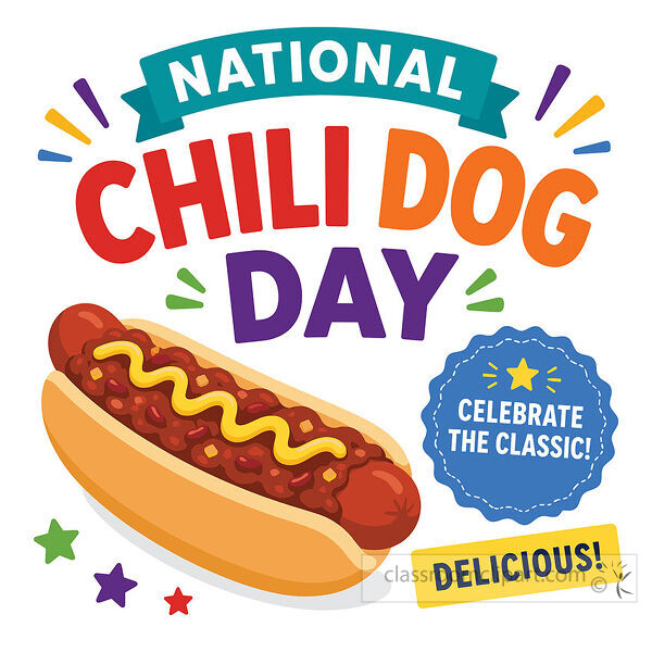 National Chili Dog Day lettering with a chili covered hot dog mustard and colorful celebration accents