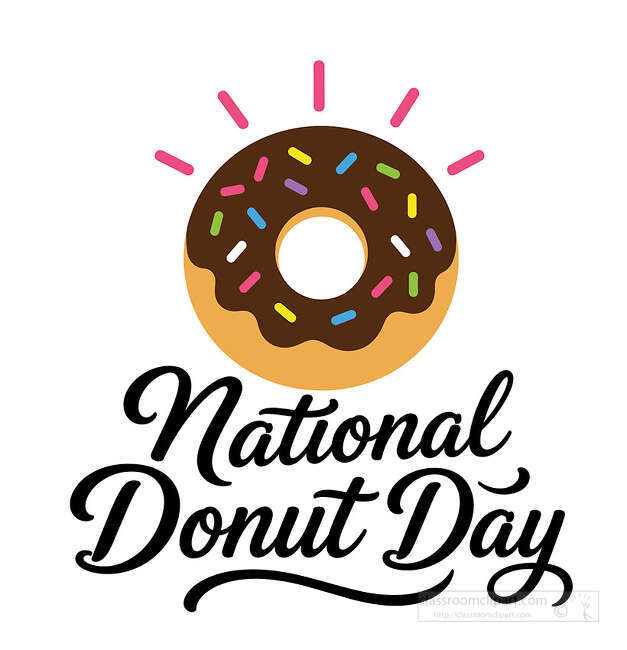 National Donut Day lettering below a chocolate frosted donut with colorful sprinkles and pink rays