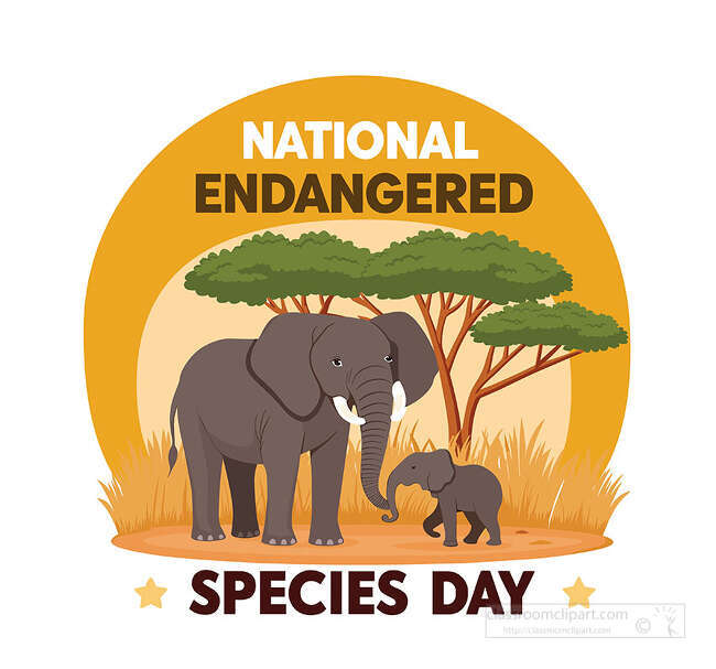 National Endangered Species Day poster with an adult elephant and calf standing in a savanna scene