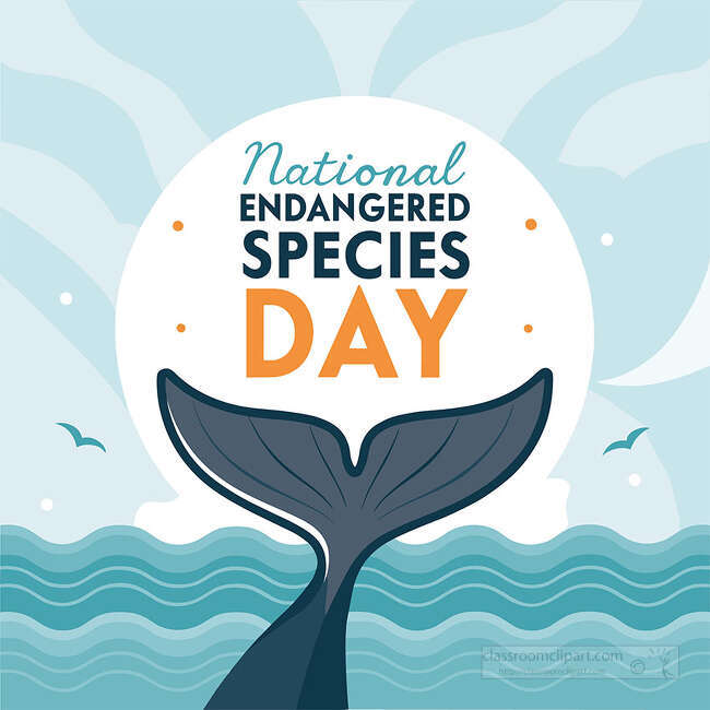 National Endangered Species Day poster with a whale tail above ocean waves and soft blue sky elements