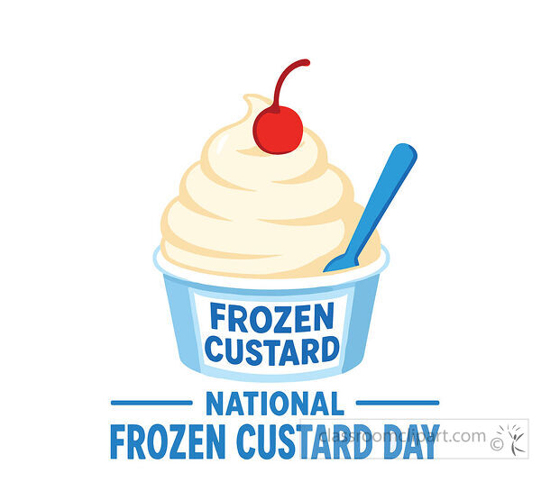 A frozen custard cup with cherry and blue spoon appears above National Frozen Custard Day lettering