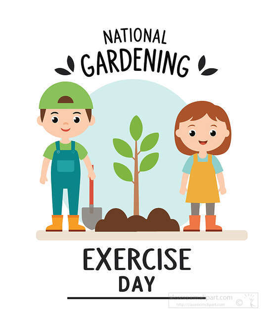 National Gardening Exercise Day design with two kids planting a tree beside a shovel