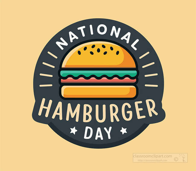 National Hamburger Day text on a dark round badge with a hamburger stars and cream lettering