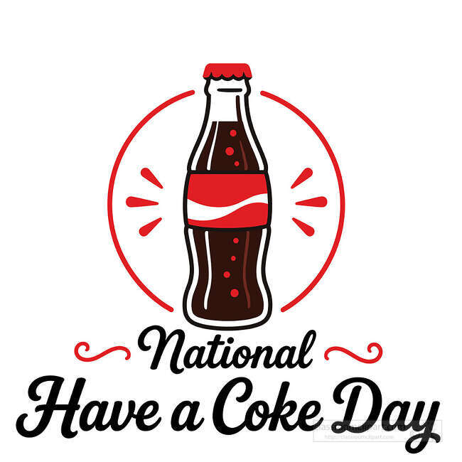 National Have a Coke Day lettering with cola bottle red label cap bubbles swirls and red accent lines