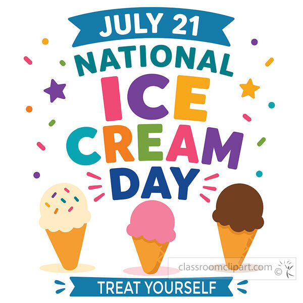 A sweet Ice Cream Day clipart image with three ice cream cones colorful sprinkles stars and treat yourself text