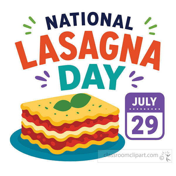National Lasagna Day lettering with a layered lasagna slice on a teal plate and a July 29 calendar