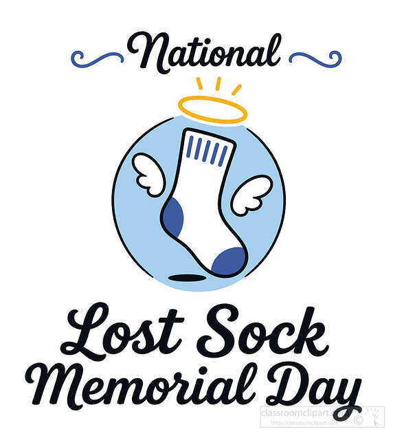 National Lost Sock Memorial Day lettering with winged sock halo blue circle and decorative swirls