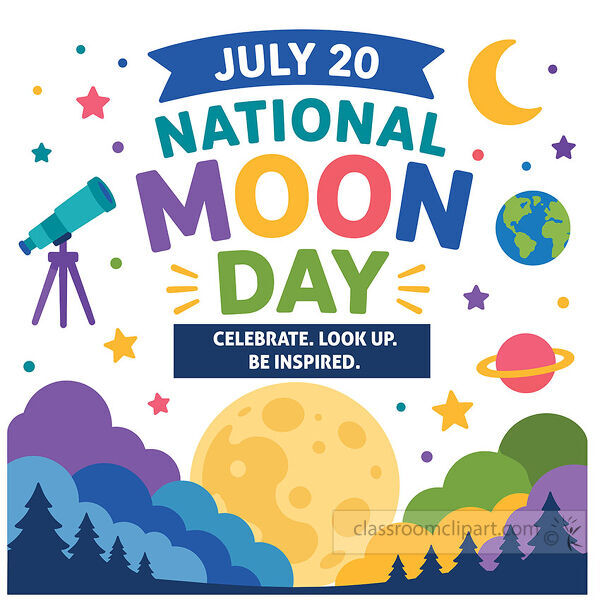 A bright Moon Day clipart poster with a large moon telescope Earth planets stars clouds and forest silhouettes