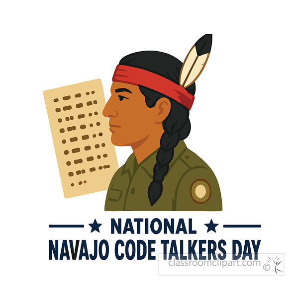 A side profile portrait with feather headband document and bold National Navajo Code Talkers Day text