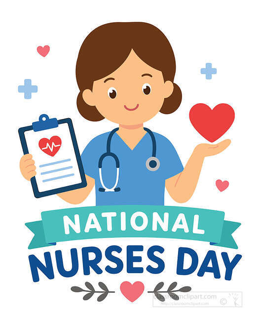 National Nurses Day lettering with smiling nurse clipboard red heart stethoscope teal banner and small hearts