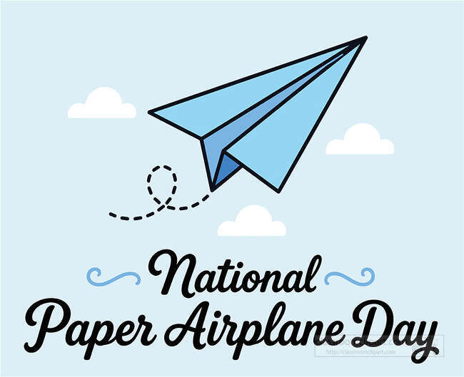 National Paper Airplane Day text with a blue paper airplane dotted flight path clouds and blue swirls