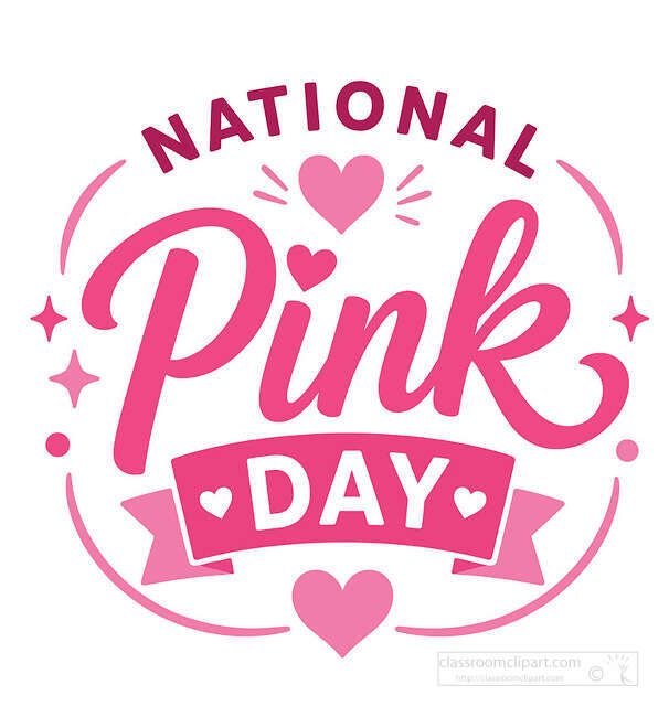 National Pink Day lettering in pink with hearts sparkle accents curved lines and a ribbon banner