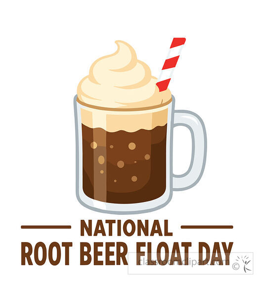 A glass mug of root beer float with whipped cream striped straw and National Root Beer Float Day lettering