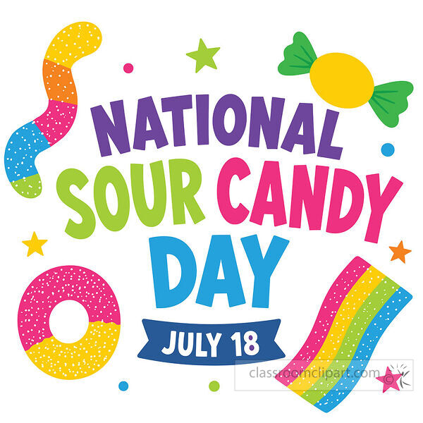 National Sour Candy Day July 18 lettering with bright sour candy pieces and colorful stars