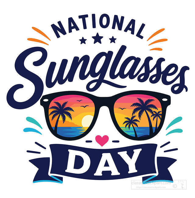 National Sunglasses Day lettering with sunglasses showing sunset palm trees ocean birds and blue banner