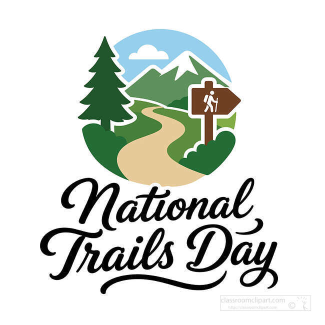 National Trails Day lettering below a mountain trail scene with pine tree hiking sign clouds and shrubs