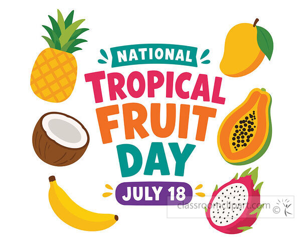 National Tropical Fruit Day July 18 lettering with bright tropical fruits arranged around the text