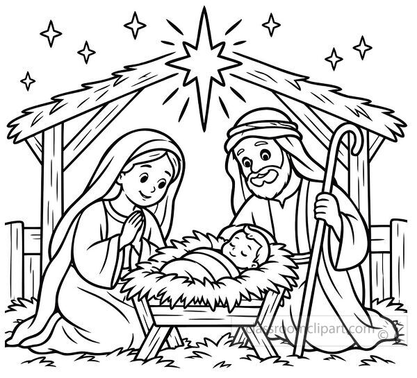 Black and white coloring page of Mary and Joseph beside baby Jesus in a manger beneath the Christmas star