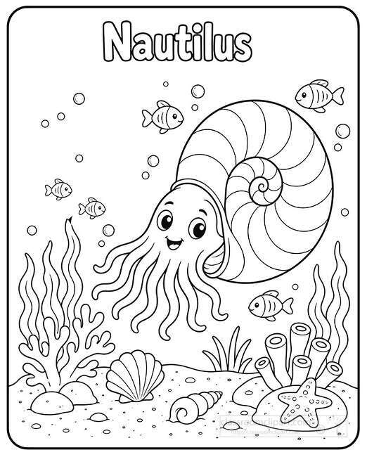 Smiling nautilus with a spiral shell floating underwater with fish bubbles seaweed coral shells and starfish