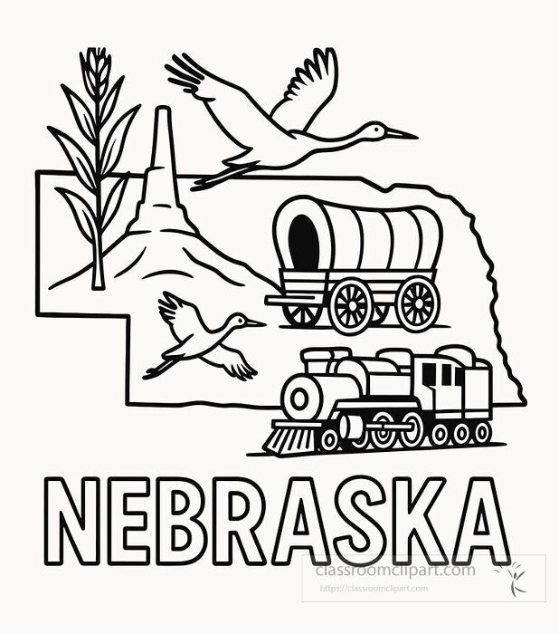 Nebraska travel coloring page showing sandhill cranes covered wagon train chimney rock and prairie plant life