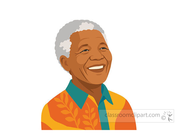 A smiling Nelson Mandela portrait clipart image with gray hair and an orange patterned shirt on a white background
