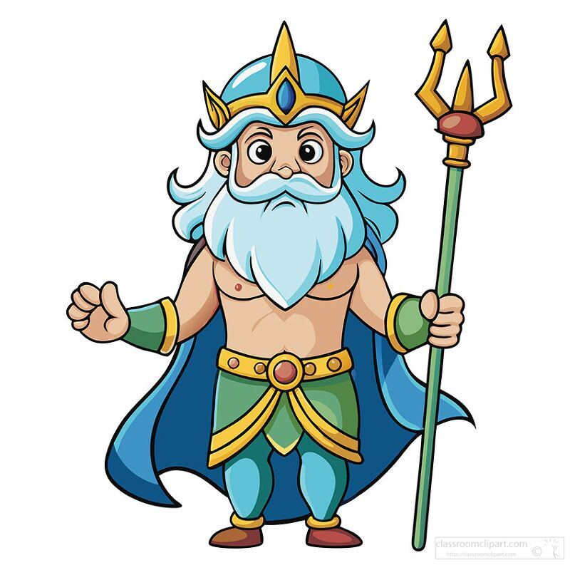 Majestic Neptune, the god of the seas, stands proudly with his trident in hand. Clad in vibrant colors, his flowing hair and beard represent the ocean