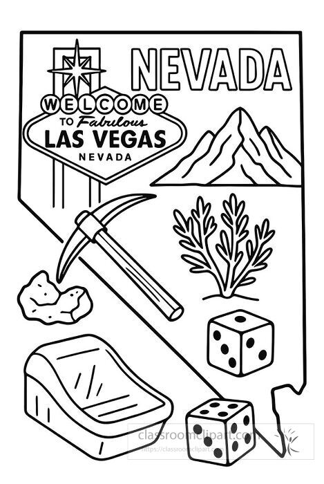 Nevada coloring page for kids featuring famous Las Vegas sign mountains desert plants dice and mining tools
