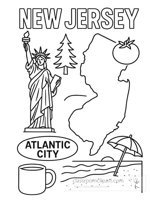 New Jersey state coloring sheet showing Liberty Statue Atlantic City beach tomato coffee and state symbols