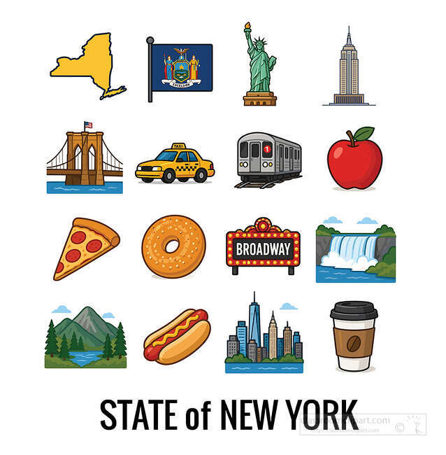 New York state symbol icon set with map flag Statue of Liberty Empire State Building taxi subway apple pizza and skyline