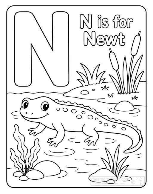 Black and white coloring page showing a smiling newt swimming in a pond with cattails rocks plants and a large letter N