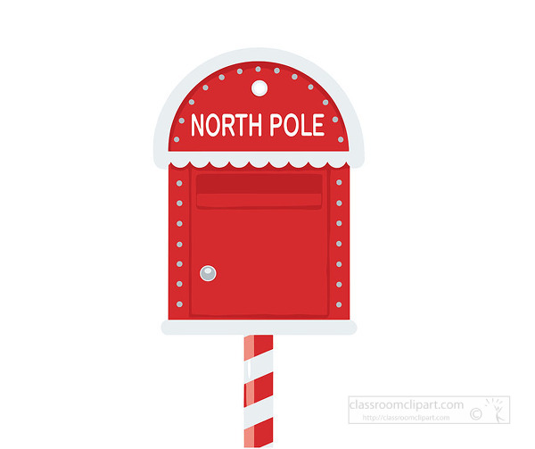 standing red mailbox labeled North Pole with snowy details for sending letters to Santa