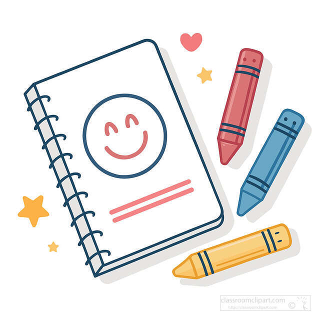 Spiral notebook with a smiley face drawing beside red blue and yellow crayons