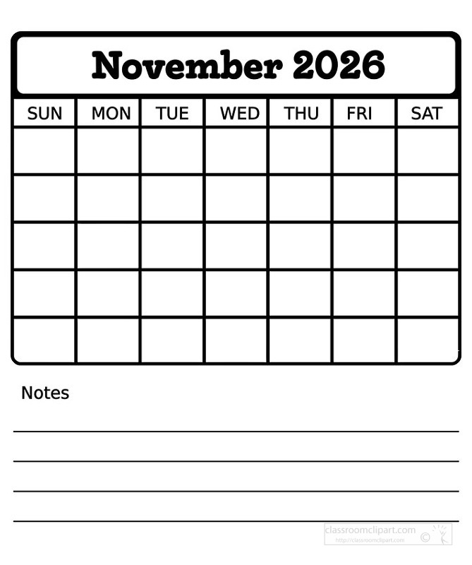 Black and white November 2026 calendar sheet that combines a clear monthly grid with lined notes at the bottom ideal for tracking events goals and important reminders