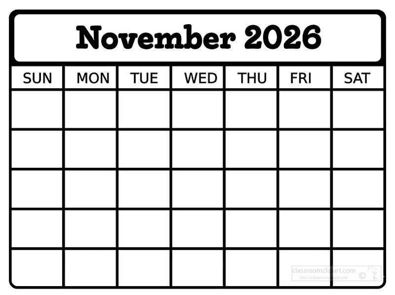Simple black and white november 2026 calendar page featuring a clean grid layout with Sunday through Saturday