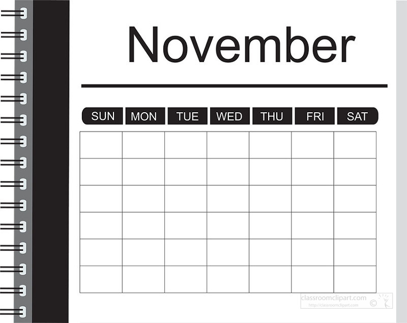 Monochrome November calendar layout with notebook styling and empty grid