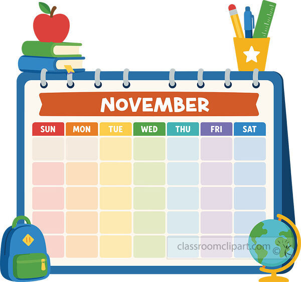 November school calendar template with a blank weekday grid books apple backpack pencil cup and globe