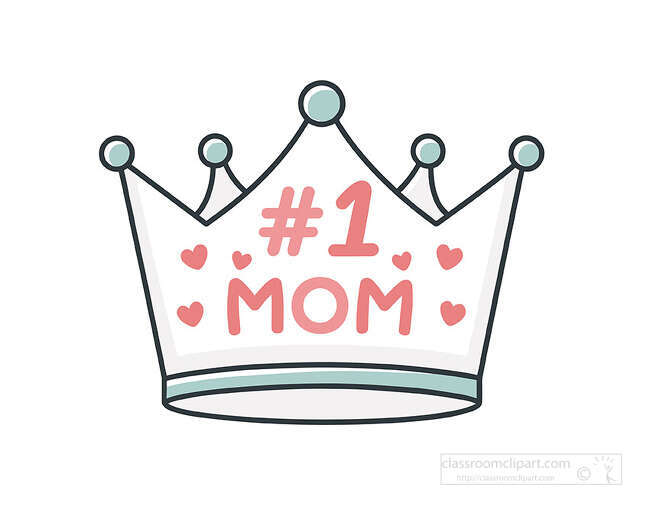 White crown with blue tips pink number 1 MOM text and small pink hearts in a cute royal style