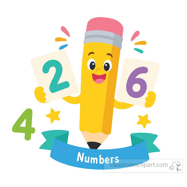 Numbers clipart with a smiling pencil holding two number cards above a blue ribbon and yellow stars