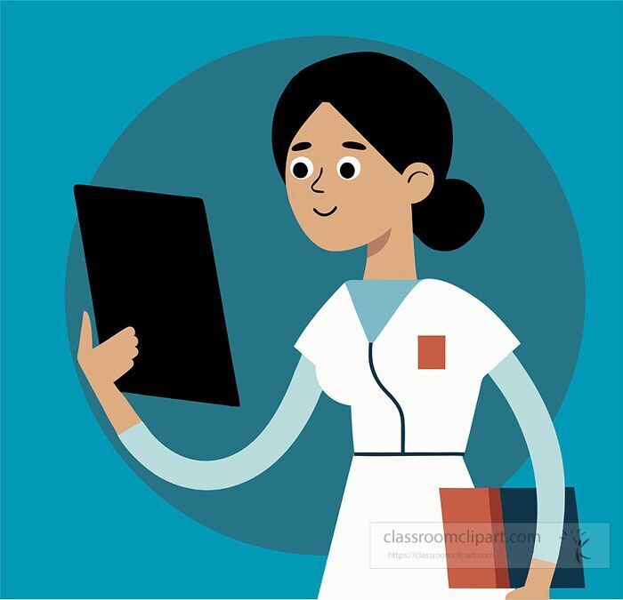 cartoon style female nurse in uniform holding and looking at an xray film ideal for healthcare and medical education illustration