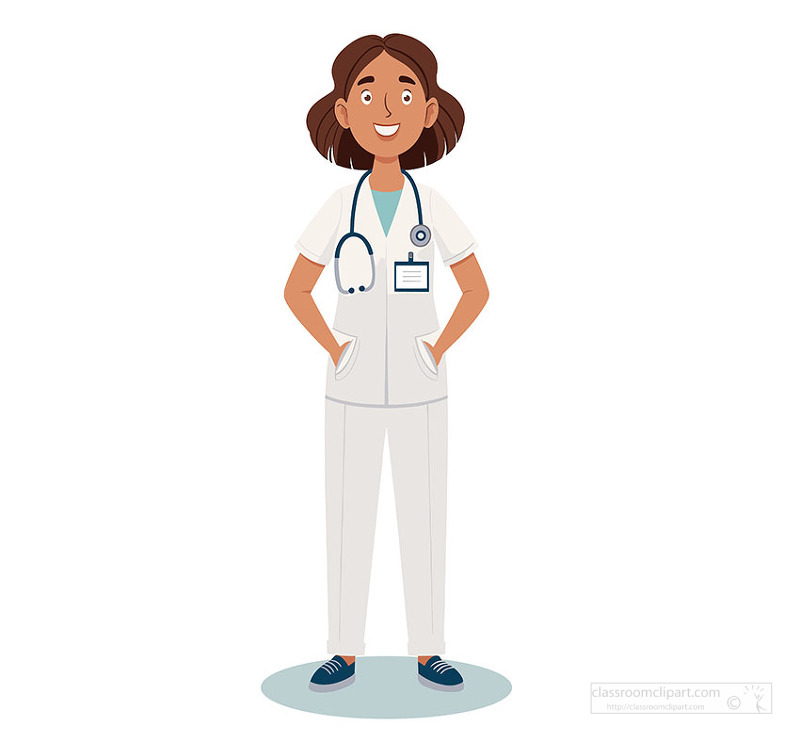 professional female doctor stafriendly nurse character wearing medical scrubs with stethoscope and name badge