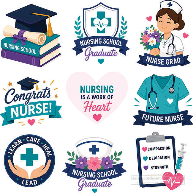 Nursing school graduation icon set with cap diploma nurse bouquet scrubs stethoscope clipboard badge and hearts