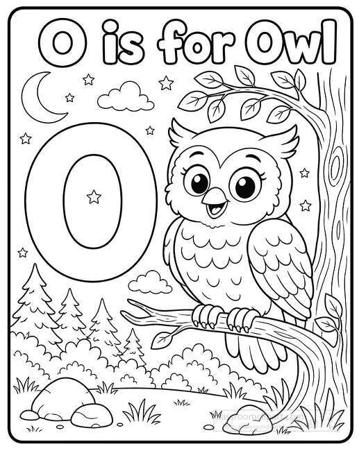 Letter O with a smiling owl perched on a branch beside a tree under a moon stars and clouds