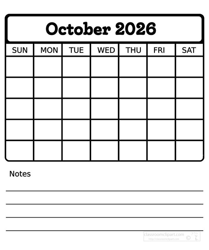 Black and white October 2026 calendar sheet that combines a clear monthly grid with lined notes at the bottom ideal for tracking events goals and important reminders