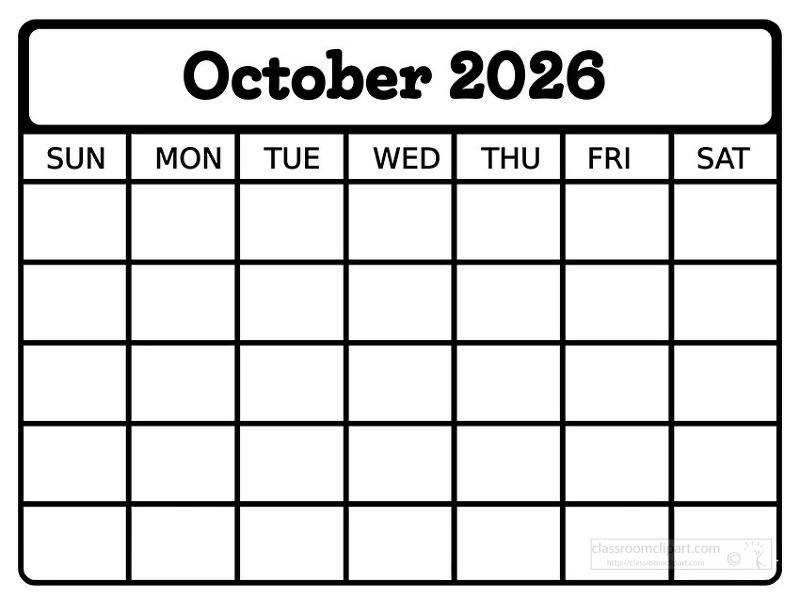 Simple black and white october 2026 calendar page featuring a clean grid layout with Sunday through Saturday