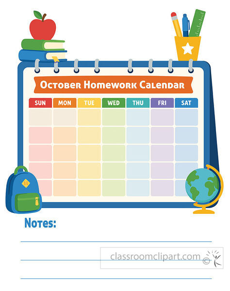 October homework calendar template with notes lines school supplies a blank weekday grid backpack books and globe