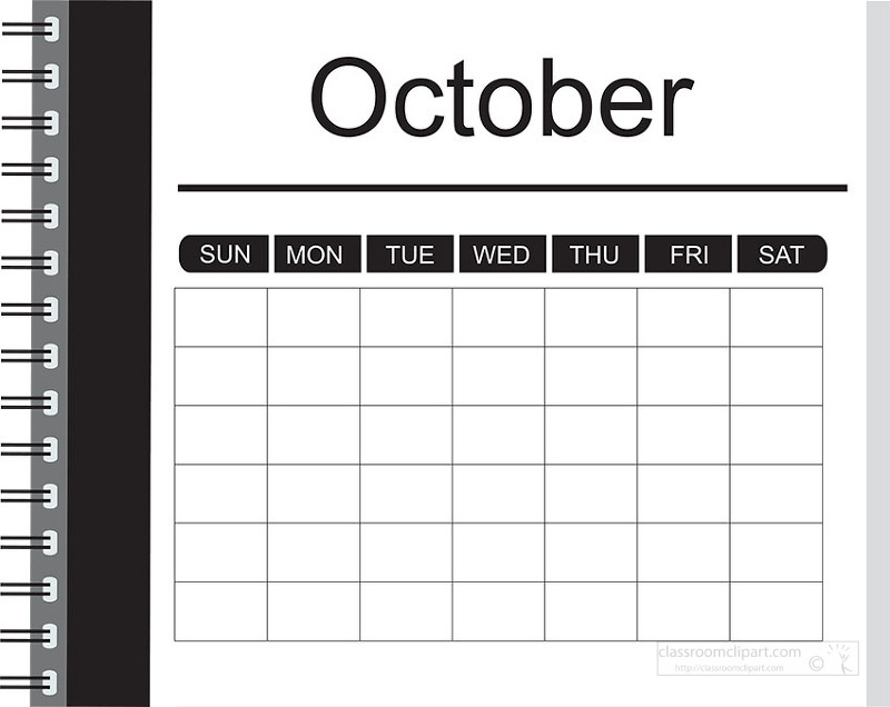 Black and white October calendar page styled as a notebook with open boxes
