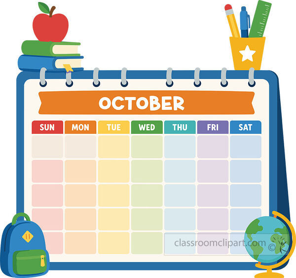 October school calendar template with a blank weekday grid books apple backpack pencil cup and globe