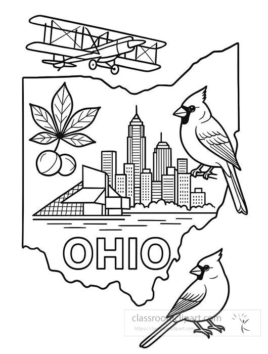 printable ohio coloring page with cardinal skyline airplane and buckeye leaf for learning activities and fun