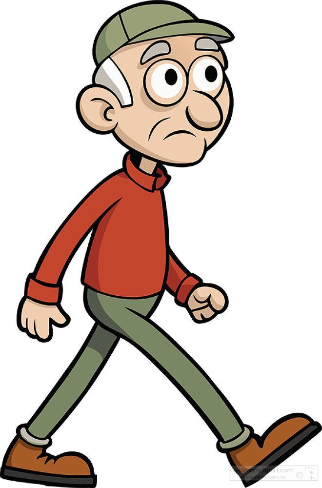 An elderly gentleman clad in a red sweater and green pants walks steadily along a peaceful neighborhood path, lost in thought as he enjoys the fresh air and tranquility of the moment.